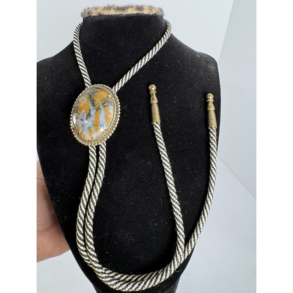Vintage Marble Stone Western Bolo Tie Black White Braided Cord Gold Tone